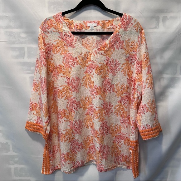 J. Jill Linen Blend Orange & Pink Coral Reef Patterned Tunic Size XLP - Picture 1 of 5